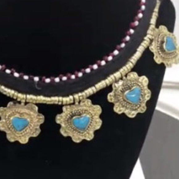 Tribal Collar Choker Stones Necklace, Ethnic Floral Choker Necklace, Statement - Picture 4 of 4